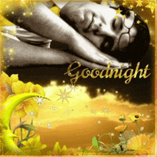a picture of a man sleeping with the words goodnight written in gold
