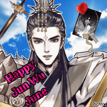 a drawing of a man with the words happy jun wu june on it