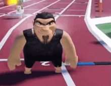 a cartoon character is standing on a track with a dog behind him .