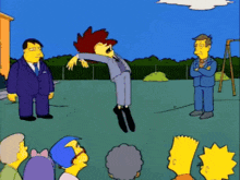 bart simpson is standing in front of a group of people while a man in a suit stands behind him