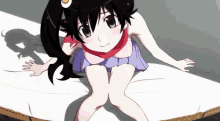 a girl in a purple skirt is laying on a bed