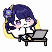 a cartoon girl with purple hair is sitting at a table with a laptop on it .