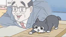 a cartoon drawing of a man and a cat laying on a piece of paper