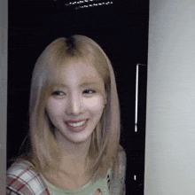 a woman with blonde hair and a plaid shirt is smiling .