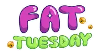 fat tuesday is written in purple and green with bells