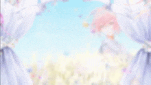 a girl with pink hair is surrounded by flowers