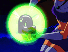 a cartoon character is holding a glowing ball with the letter a on it
