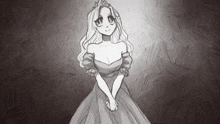 a black and white drawing of a girl in a princess dress