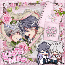 a picture of two anime characters with the words " kiss me " on the bottom