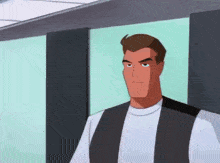 a cartoon character is standing in a hallway with his eyes closed