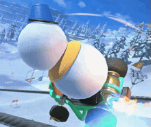 a snowman with a blue hat is flying through the air in a video game