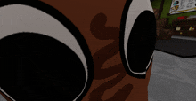 a close up of a cartoon character 's eyes with a menu behind them