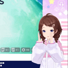 a girl in a pink and white sweater with a star on her head