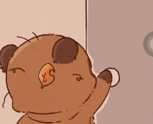 a cartoon drawing of a teddy bear looking out of a doorway .