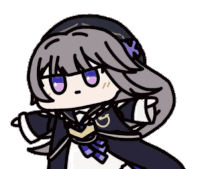 a cartoon drawing of a girl with purple eyes and a black hat .
