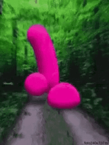 a pink penis is walking down a road in the woods .