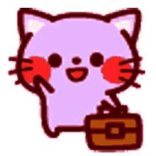 a purple cat is holding a brown briefcase .