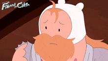 a cartoon character with a beard stands in front of finna and cake