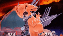 a video game character is riding a large orange dragon .