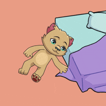 a cartoon cat laying on a bed with a purple blanket