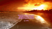 a picture of a beach with a sunset in the background and a message in another language
