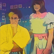 a man in a yellow jacket and a woman in a pink dress standing next to each other