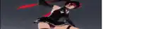 a woman in a black dress and gloves is holding a red sword .