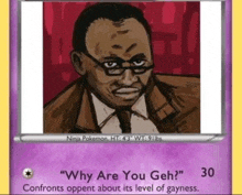 a pokemon card with a picture of a man with glasses on it