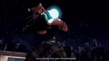 two teenage mutant ninja turtles are fighting each other in a video game .
