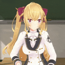 a girl with long blonde hair is wearing a uniform with a lion on it