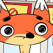a close up of a cartoon fox 's face with a no sign behind it