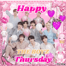 a group of boys holding balloons with the words happy the boyz thursday on the bottom
