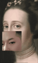 a close up of a woman 's face with a man 's face behind it