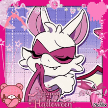 a picture of a bat with the words happy halloween on the bottom