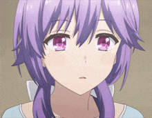 a close up of a girl with purple hair