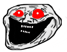 a drawing of a troll face with red eyes on a white background