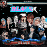 a group of people standing in front of a sign that says black k
