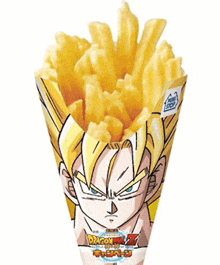 a cone of french fries has a dragon ball z logo on it