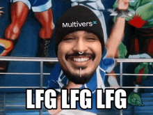 a man wearing a beanie that says multiverse on it