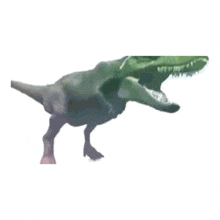 a t-rex dinosaur is standing on its hind legs with its mouth open .