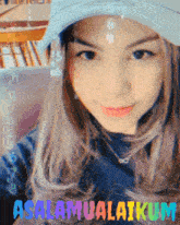 a woman wearing a hat with the words assalamualaikum written below her
