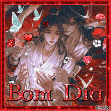 a picture of a man and a woman with bom dia written on the bottom