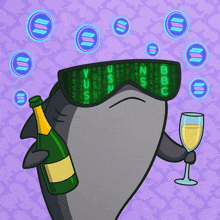a shark with a bottle of champagne and a glass of champagne