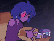 a cartoon character with blue hair and red eyes