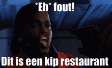 a picture of a woman holding a gun with the caption " eh fout dit is een kip restaurant "