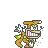 a pixel art drawing of a dog with a gun and a leaf on its head .