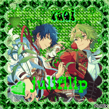 a picture of two anime characters with the name julip on the bottom right corner