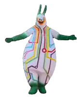 a cartoon character in a colorful costume with green arms and legs