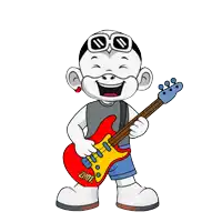 a cartoon character is holding a guitar with the word zhot on it