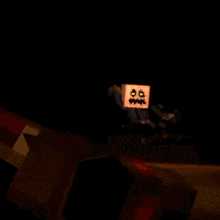 a minecraft character with a pumpkin head is standing in a dark room .